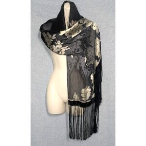 Ellen Tracy Burn Out Scarf Wrap Lg Fringe Black Oyster Fairy Goth Boho Versatile